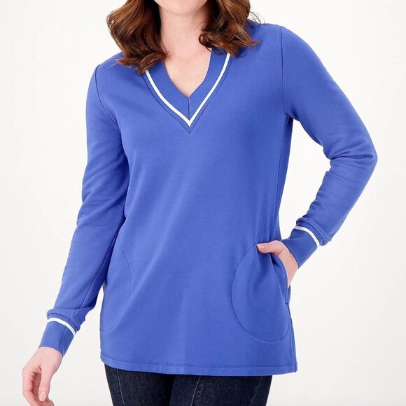 SUSAN GRAVER Brushed Back Knit V-Neck Tunic Blue Pullover Sweatshirt PETITE SP - Picture 1 of 13